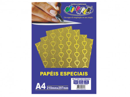 PAPEL A4 GLITER OURO CORACAO 150G.10FL.